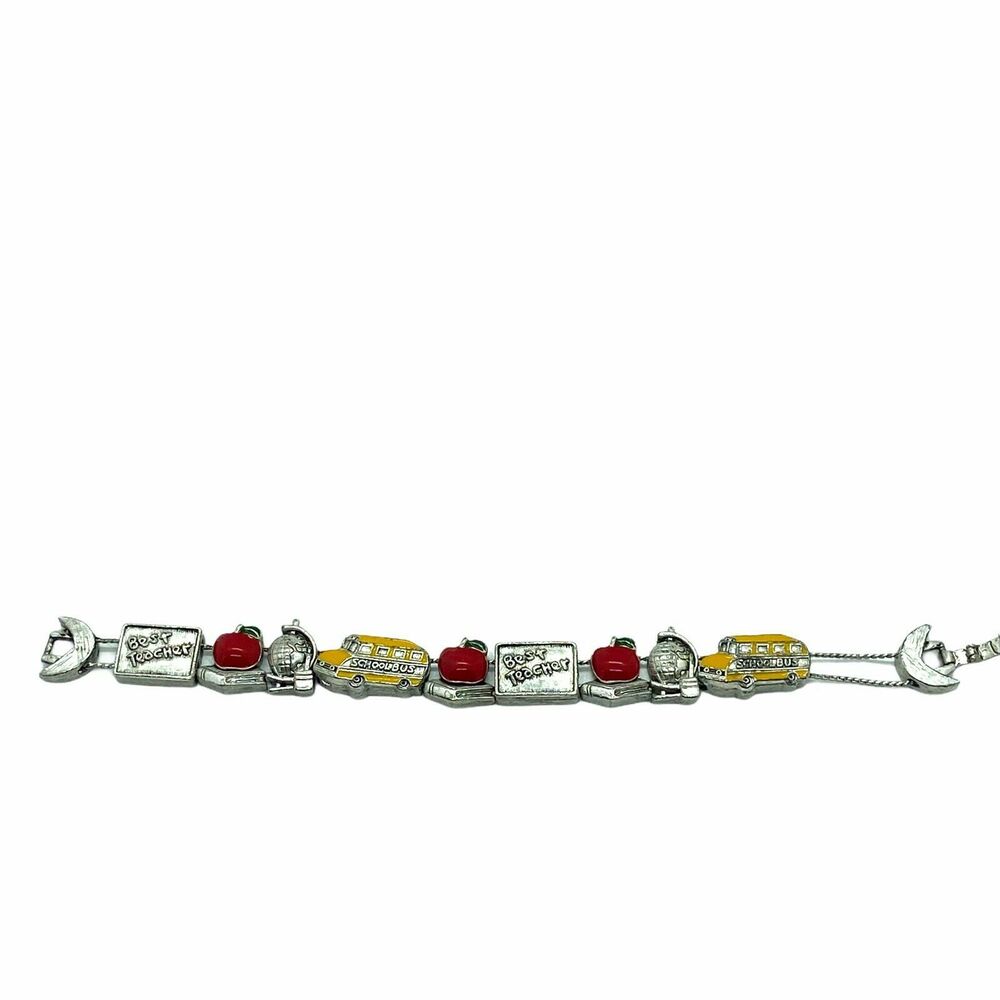 Vtg Teacher Enamel Fold Over Clasp Slide Bracelet